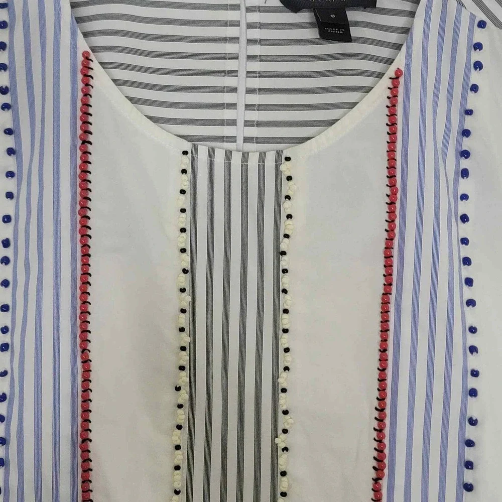 J Crew Sleeveless Beaded Tunic Top‎ 0 White Blue Stripe Side Zip Round Neck Boho